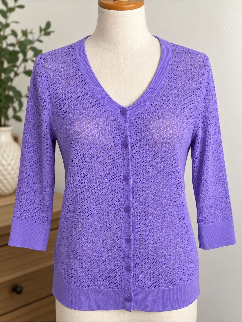 Talbots Purple Pima Cotton Open Knit Cardigan Sweater Size M